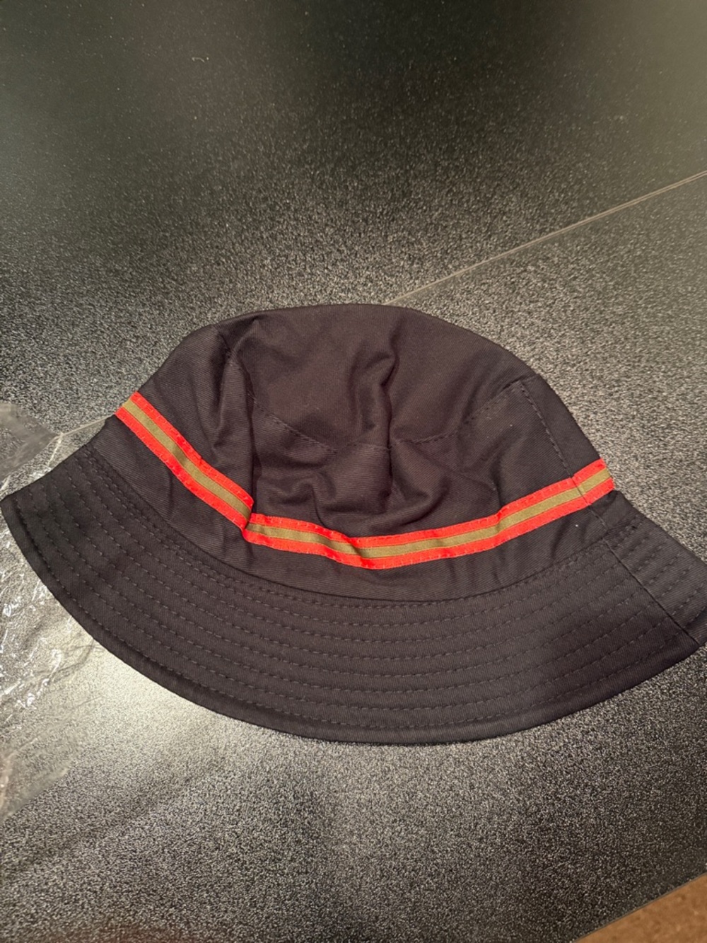 Black Bucket Hat with Red and Green Stripe